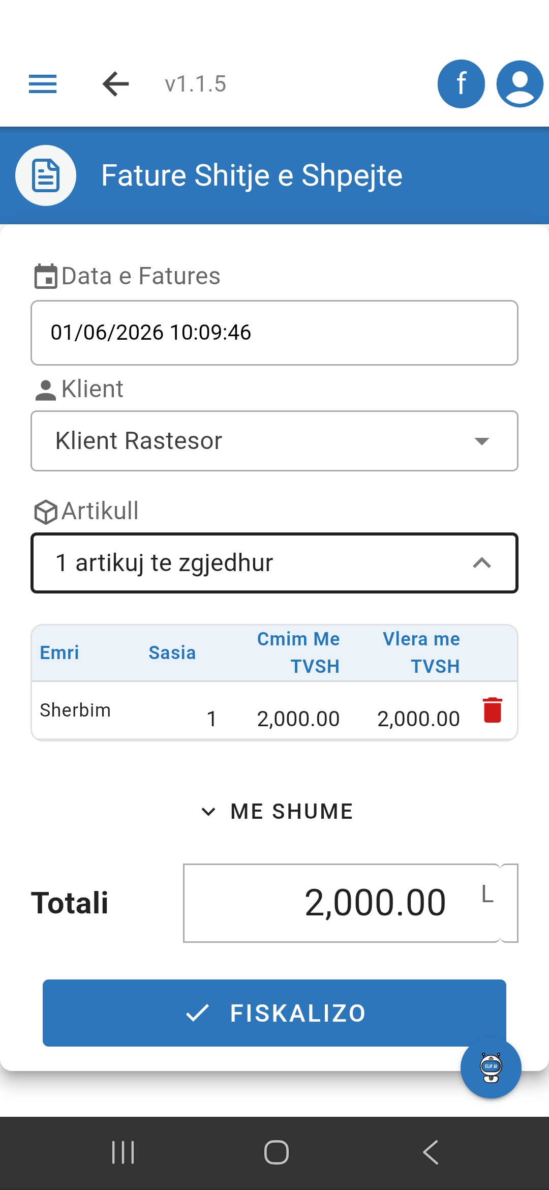 Vendosni shumën e udhëtimit klikoni 'Fiskalizo' — fatura nënshkruhet, gjenerohet kodi QR dhe fatura juaj është gati.